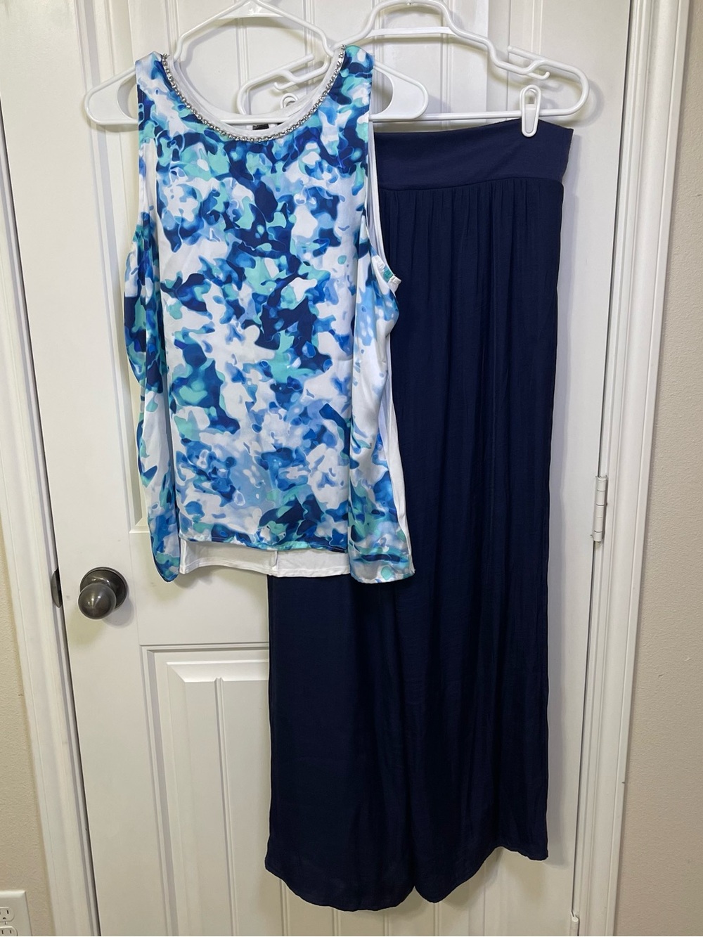 Jennifer Lopez 2-Pc Palazzo Pants & Rhinestone Top Set Blue Abstract Swirl Large